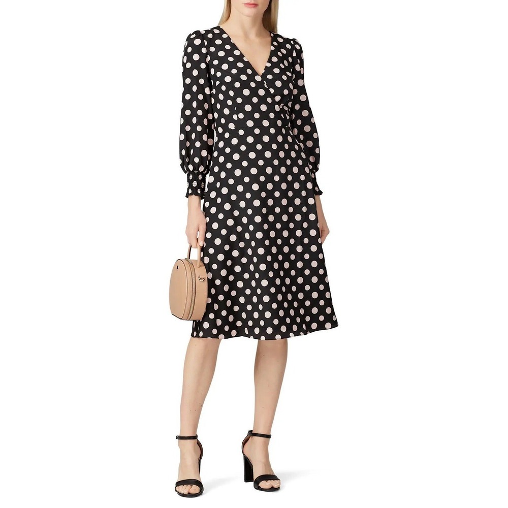 1901 Black Polka Dot V Neck Long Sleeve Dress‎ Size 16
